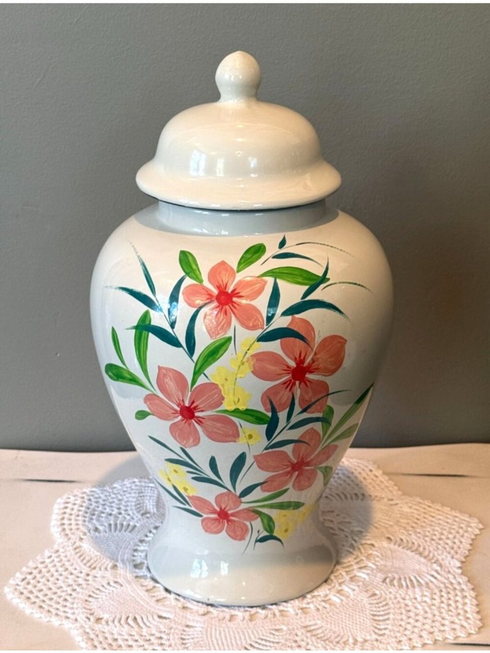 Vintage Hand Painted Floral Ginger Jar Lidded Ceramic Urn 13.5 Inch